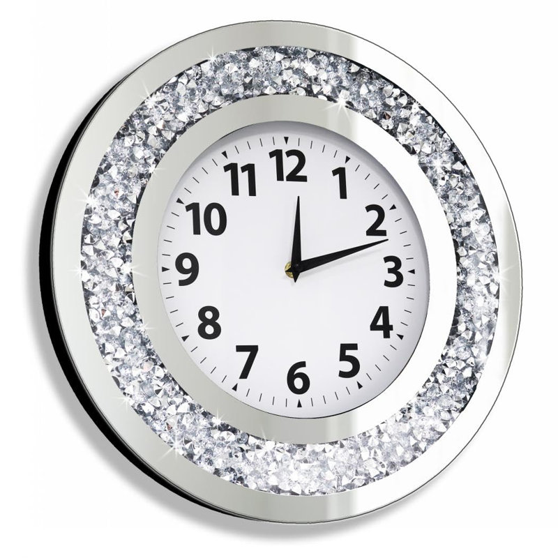 Mercer41 Crystal Crushed Diamond Mirrored Round Wall Clock 16X16x2
